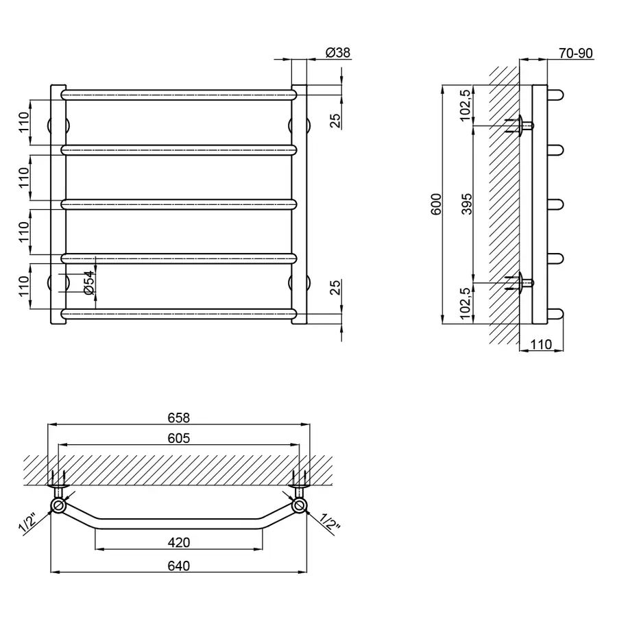 Полотенцесушитель водяной Lidz Trapezium (CRM) D38 / 25 600x600 P5