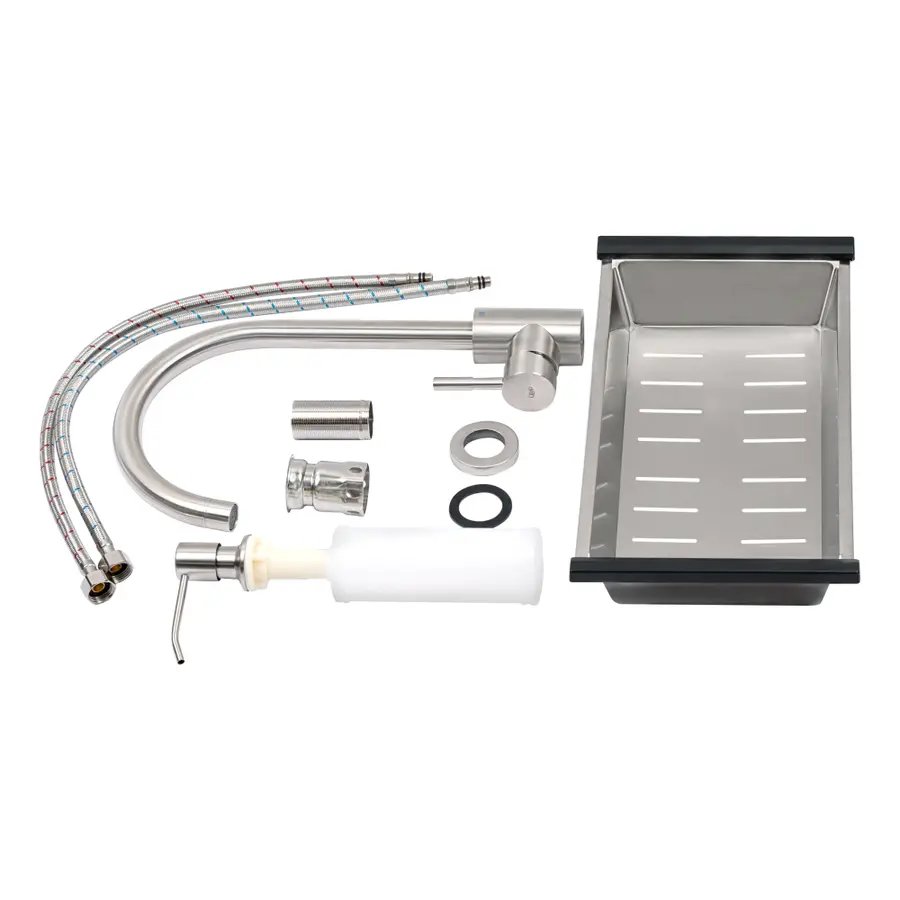 Кухонная мойка Qtap D6045 2.7 / 1.0 мм Satin + смеситель + сушилка + дозатор для моющего средства