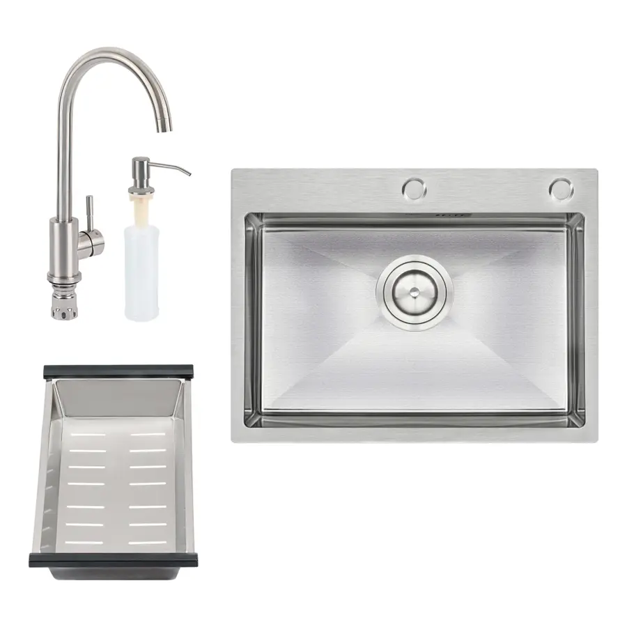 Кухонная мойка Qtap D6045 2.7 / 1.0 мм Satin + смеситель + сушилка + дозатор для моющего средства