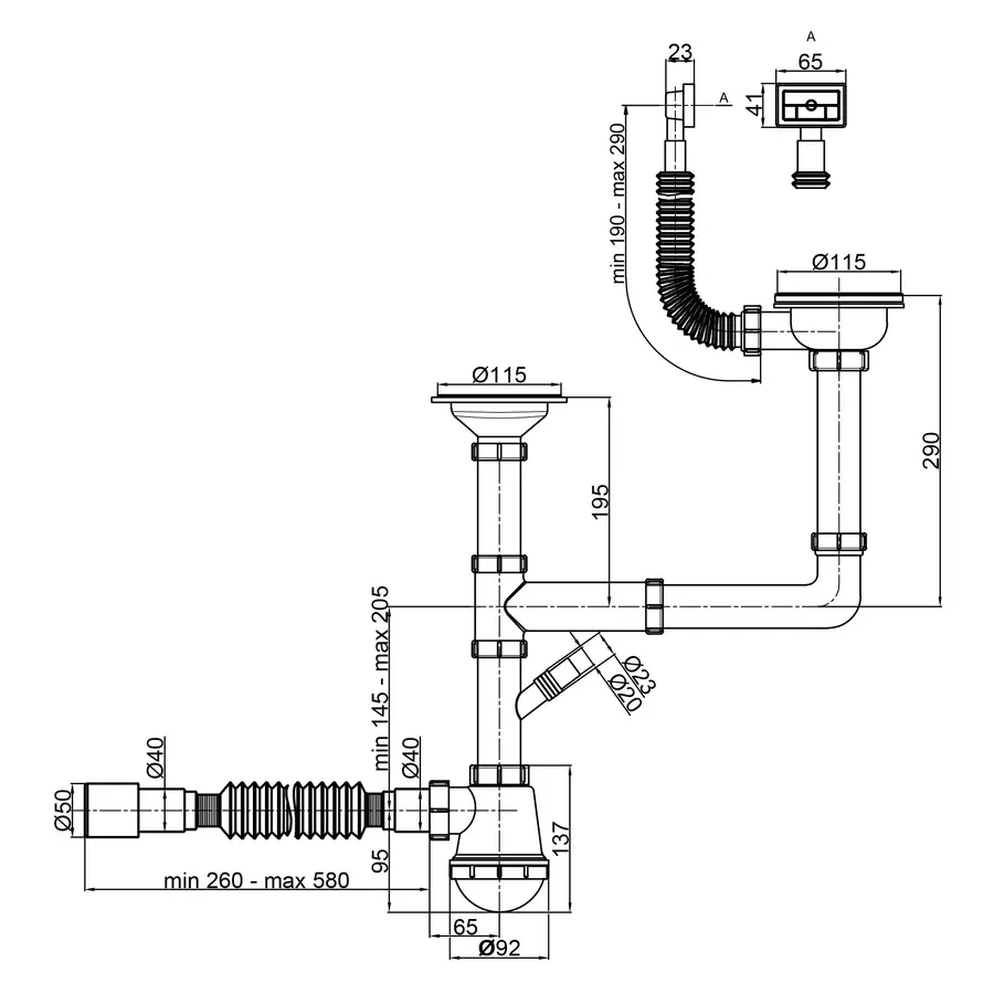Сифон подвійний для кухонної мийки Lidz (WHI) 60 05 M003 00 з відводом для пральної машини (вихід 50 мм)