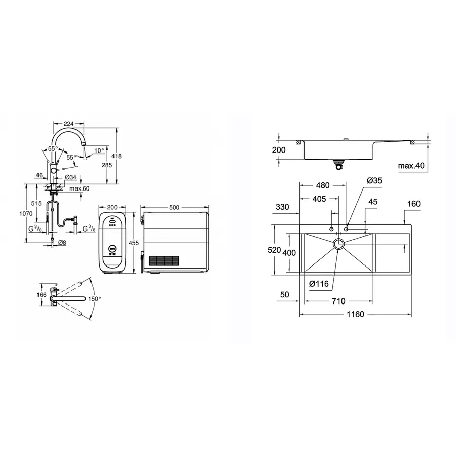 Мийка кухонна Grohe K1000 31581SD0 + змішувач Blue Home 31455001