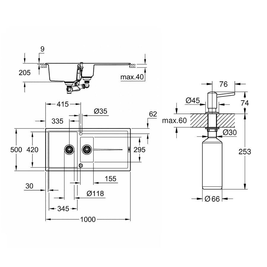 Кухонна гранітна мийка Grohe K400 31642AP0 + дозатор для миючого засобу Contemporary 40536000