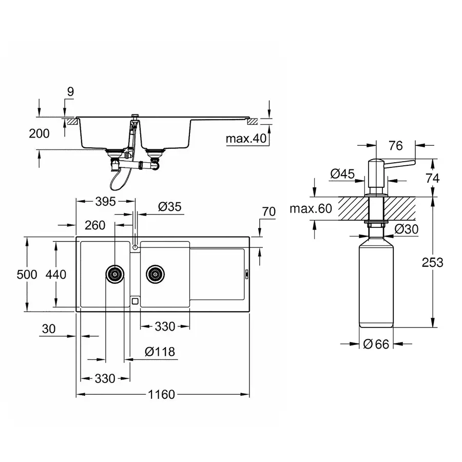 Кухонная гранитная мойка Grohe K500 31647AT0 + дозатор для моющего средства Contemporary 40536000