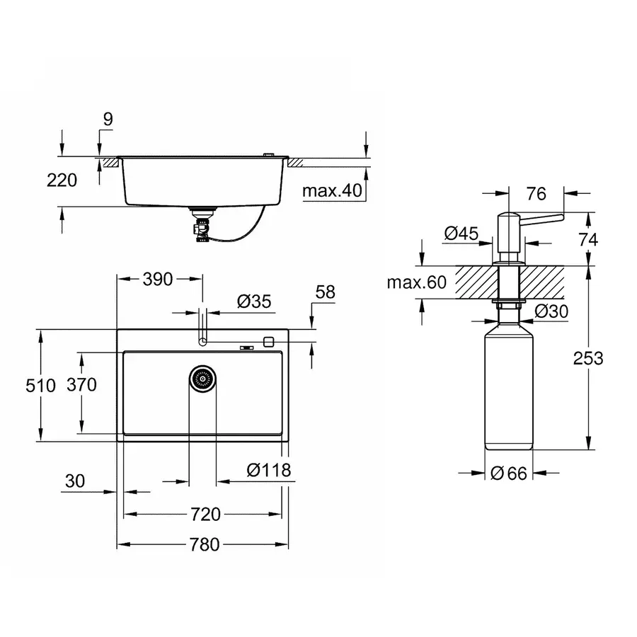 Кухонная гранитная мойка Grohe K700 31652AT0 + дозатор для моющего средства Contemporary 40536000