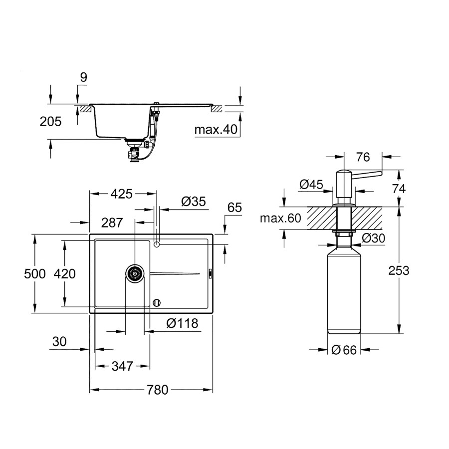 Кухонна гранітна мийка Grohe K400 31639AT0 + дозатор для миючого засобу Contemporary 40536000