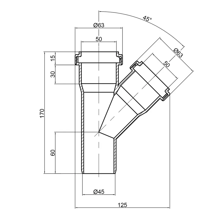 Тройник PPR канализационный TA Sewage 50, 45 °