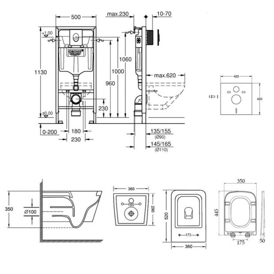 Набір інсталяція 4 в 1 Grohe Rapid SL 38722001 + унітаз з сидінням Qtap Crow QT05335170W