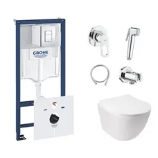 Комплект інсталяція Grohe Rapid SL 38827000 + унітаз з сидінням Qtap Jay QT07335176W + набір для гігієнічного душу зі змішувачем Grohe BauLoop 111042