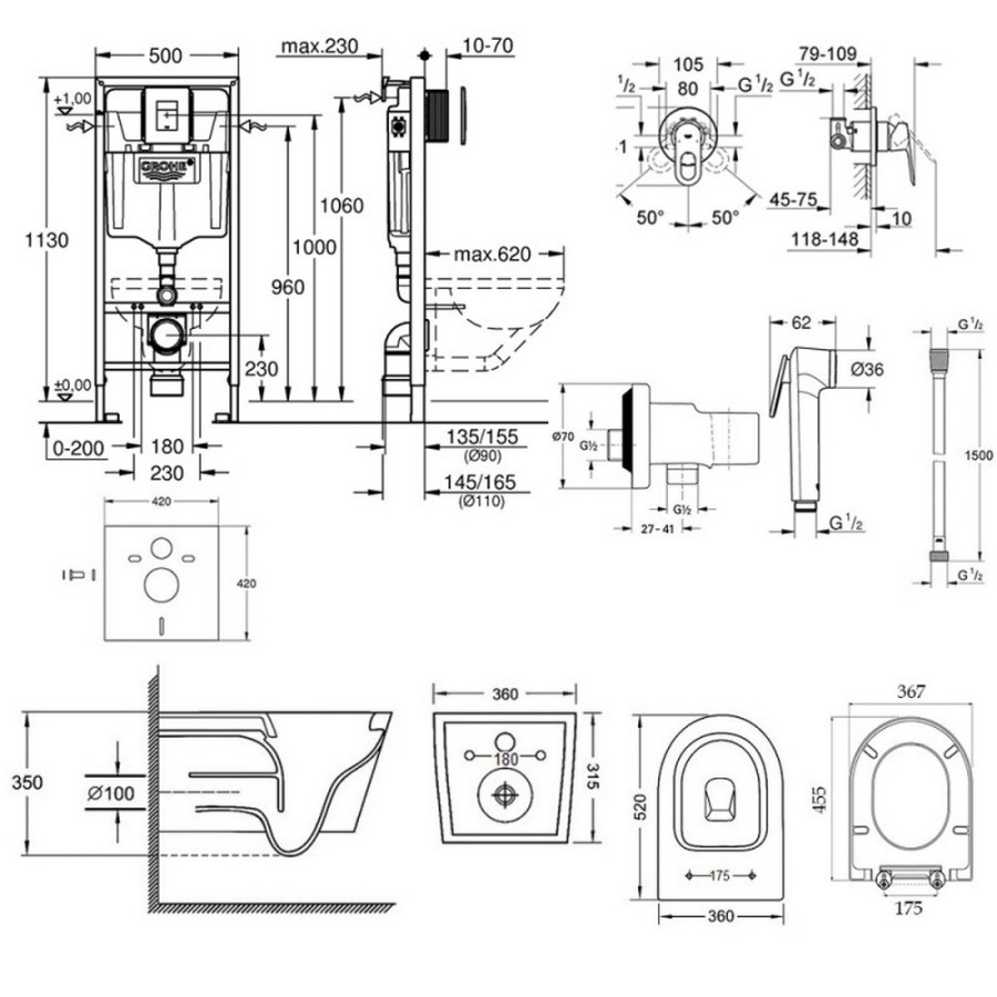 Комплект инсталляция Grohe Rapid SL 38827000 + унитаз с сиденьем Qtap Jay QT07335176W + набор для гигиенического душа со смесителем Grohe BauLoop 111042