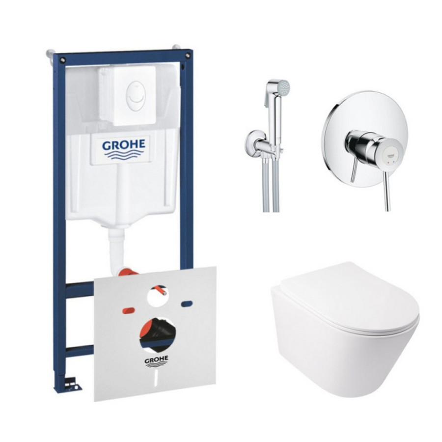 Комплект інсталяція Grohe Rapid SL 38722001 + унітаз з сидінням Qtap Swan QT16335178W + набір для гігієнічного душу зі змішувачем Grohe BauClassic 2904800S