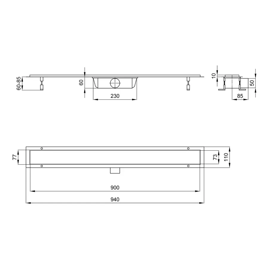 Трап Qtap Dry Tile304-900MBLA лінійний з сухим закривом та нержавіючою решіткою 900х70