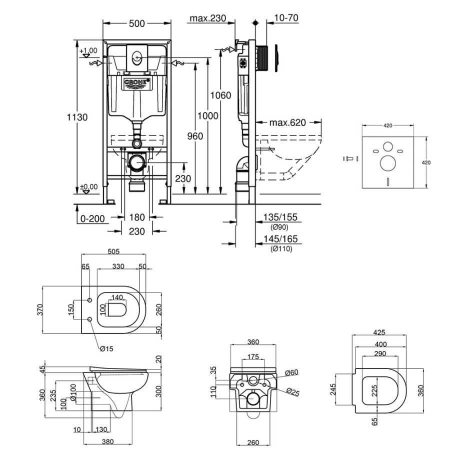 Набір інсталяція 4 в 1 Grohe Rapid SL 38721001 + унітаз з сидінням Qtap Lark QT0331159W