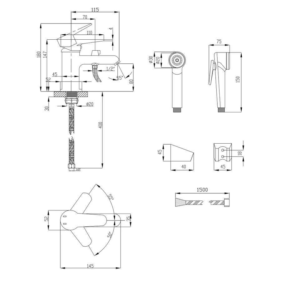 Смеситель для раковины Lidz (CRM) 14 34 001FB с воронкой для гигиенического душа