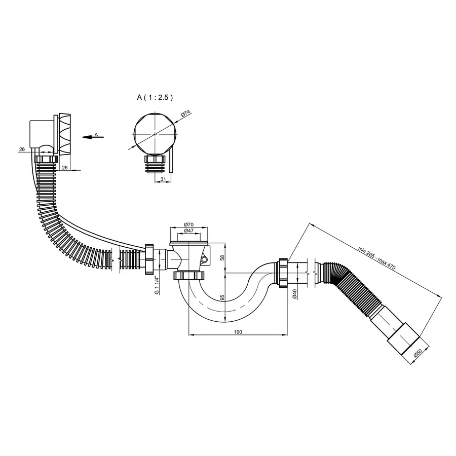 Сифон для ванни Lidz (WHI) 60 03 V001 01 прямоточний (вихід 50 мм)