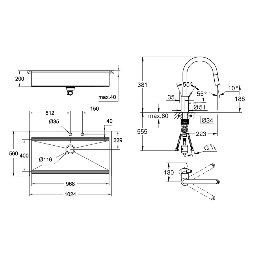 Мийка кухонна Grohe K800 31586SD0 + змішувач Eurosmart Cosmopolitan 31481001