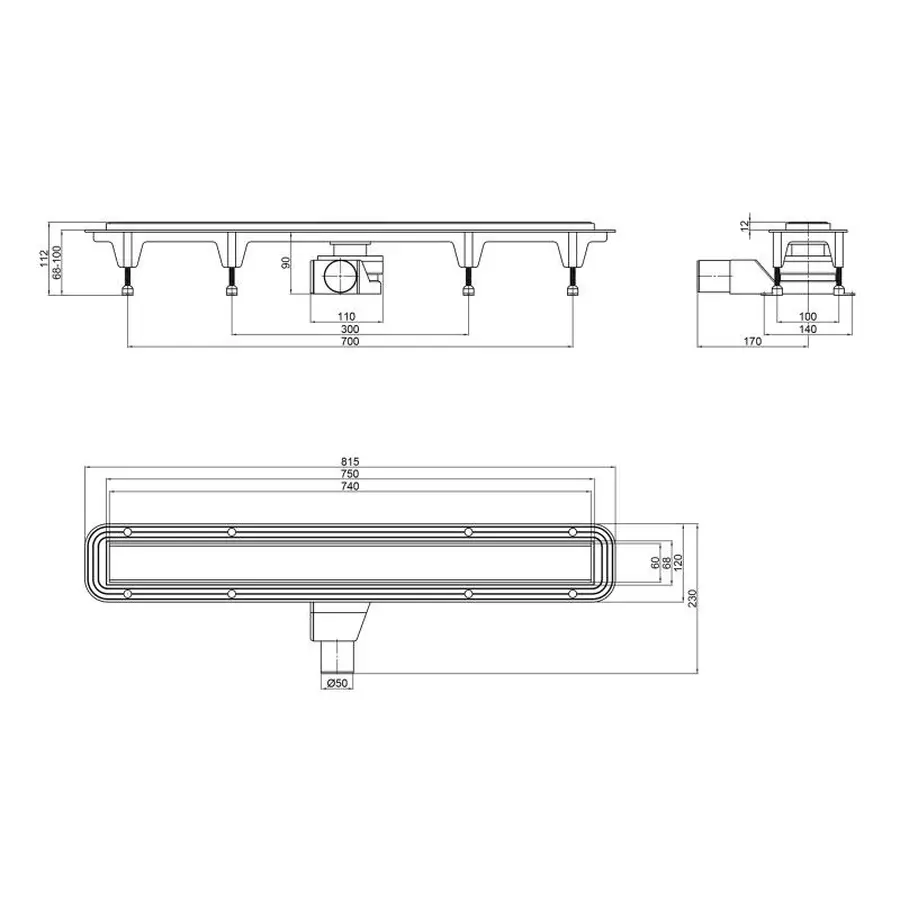 Трап Qtap Standard CRM50800304 лінійний з комбінованим закривом та нержавіючою решіткою