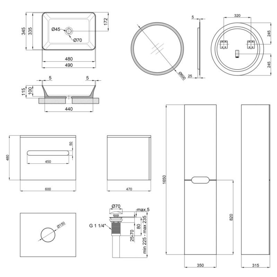 Комплект меблів для ванної Qtap Virgo тумба + раковина + дзеркало + пенал QT044VI42999