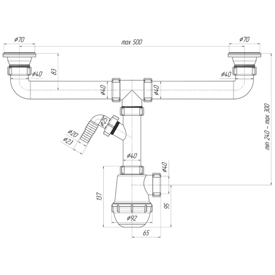 Сифон для двойной кухонной мойки ANI Plast А3500