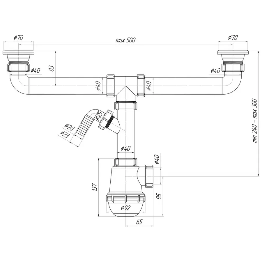 Сифон для двойной кухонной мойки ANI Plast А3500
