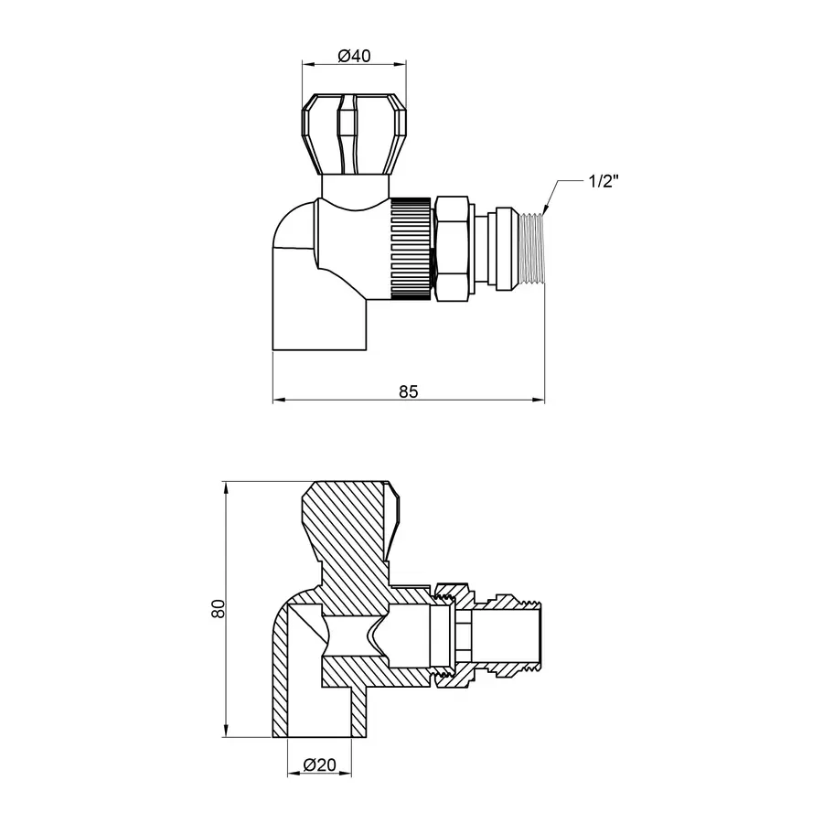Кран кульовий радіаторний PPR Thermo Alliance 20х1/2" кутовий
