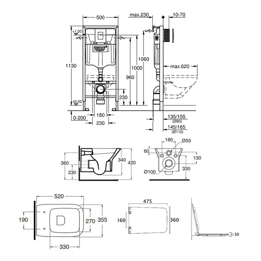 Набір унітаз Azzurra Prua PRU100B1SOSK з сидінням Azzurra Prua PRU1800F + інсталяція Grohe Rapid SL 38772001