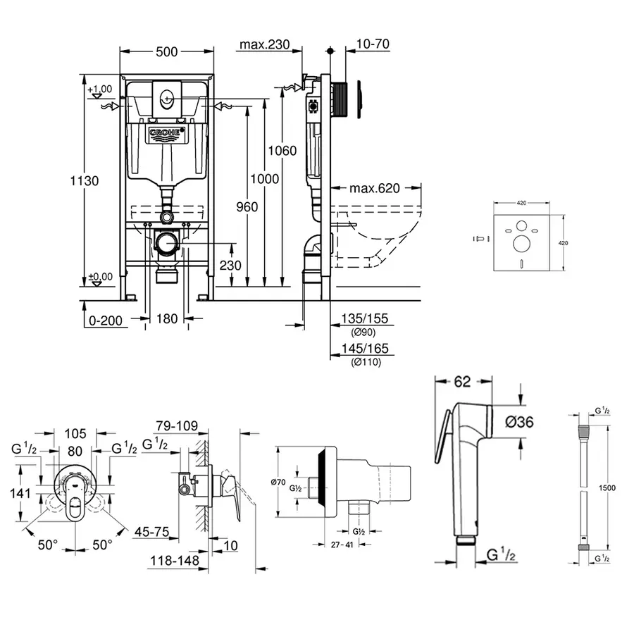 Комплект Grohe інсталяція Rapid SL 38721001 + набір для гігієнічного душу зі змішувачем BauLoop 111042