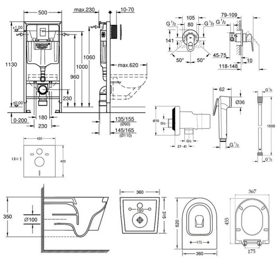 Комплект інсталяція Grohe Rapid SL 38772001 + унітаз з сидінням Qtap Jay QT07335176W + набір для гігієнічного душу зі змішувачем Grohe BauLoop 111042