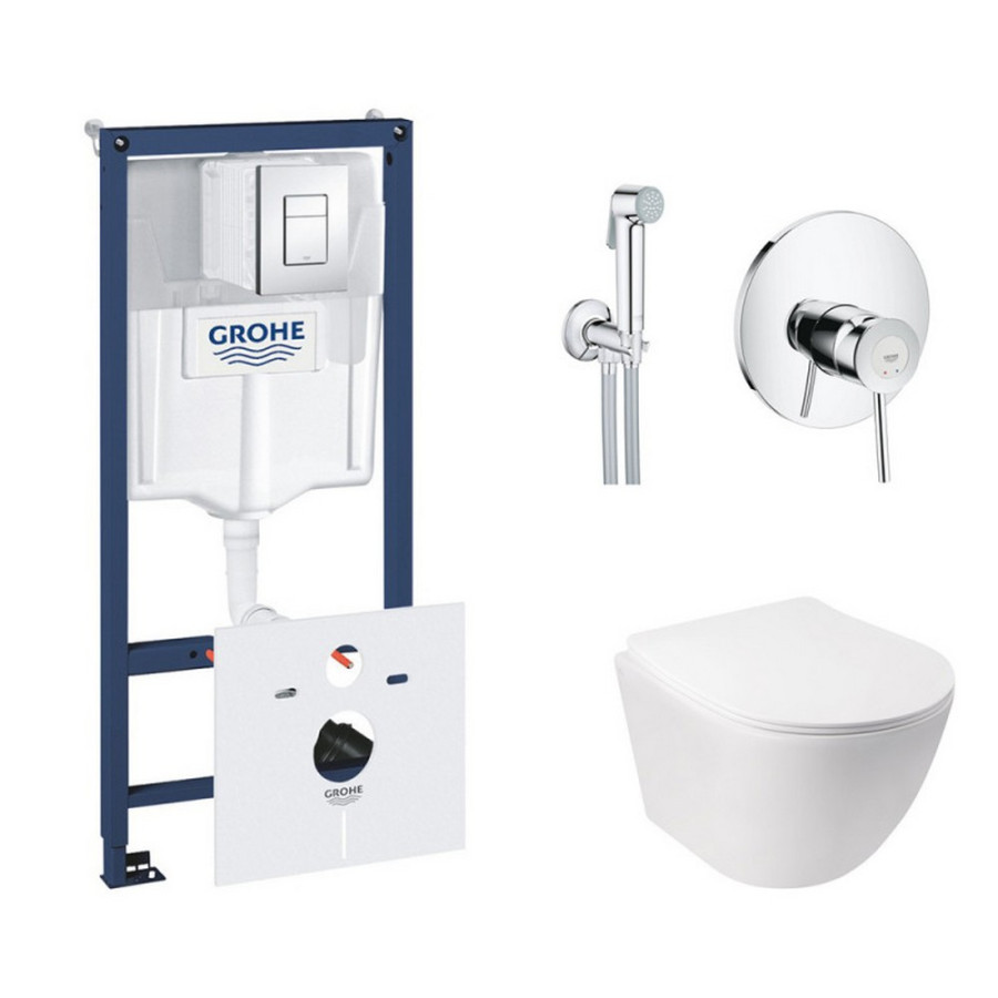 Комплект інсталяція Grohe Rapid SL 38827000 + унітаз з сидінням Qtap Jay QT07335176W + набір для гігієнічного душу зі змішувачем Grohe BauClassic 2904800S