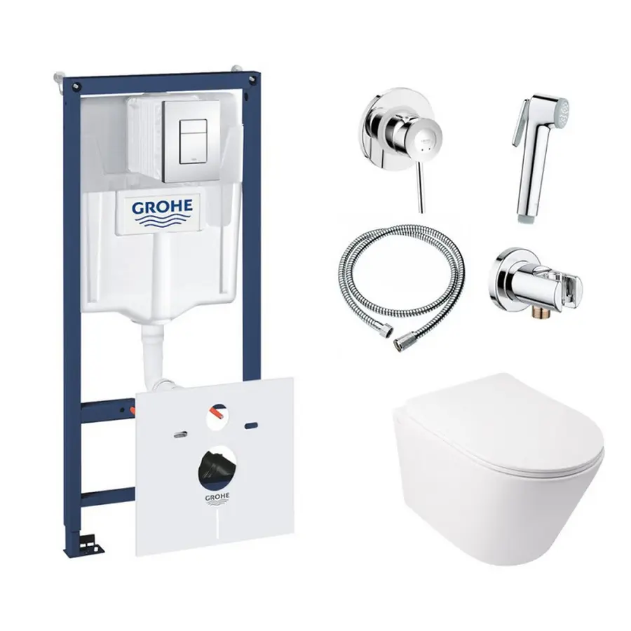 Комплект інсталяція Grohe Rapid SL 38827000 + унітаз з сидінням Qtap Swan QT16335178W + набір для гігієнічного душу зі змішувачем Grohe BauClassic 111048