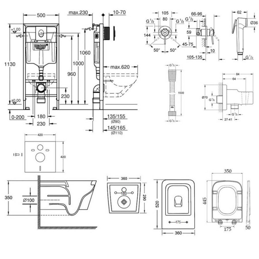 Комплект інсталяція Grohe Rapid SL 38722001 + унітаз з сидінням Qtap Crow QT05335170W + набір для гігієнічного душу зі змішувачем Grohe BauClassic 111048