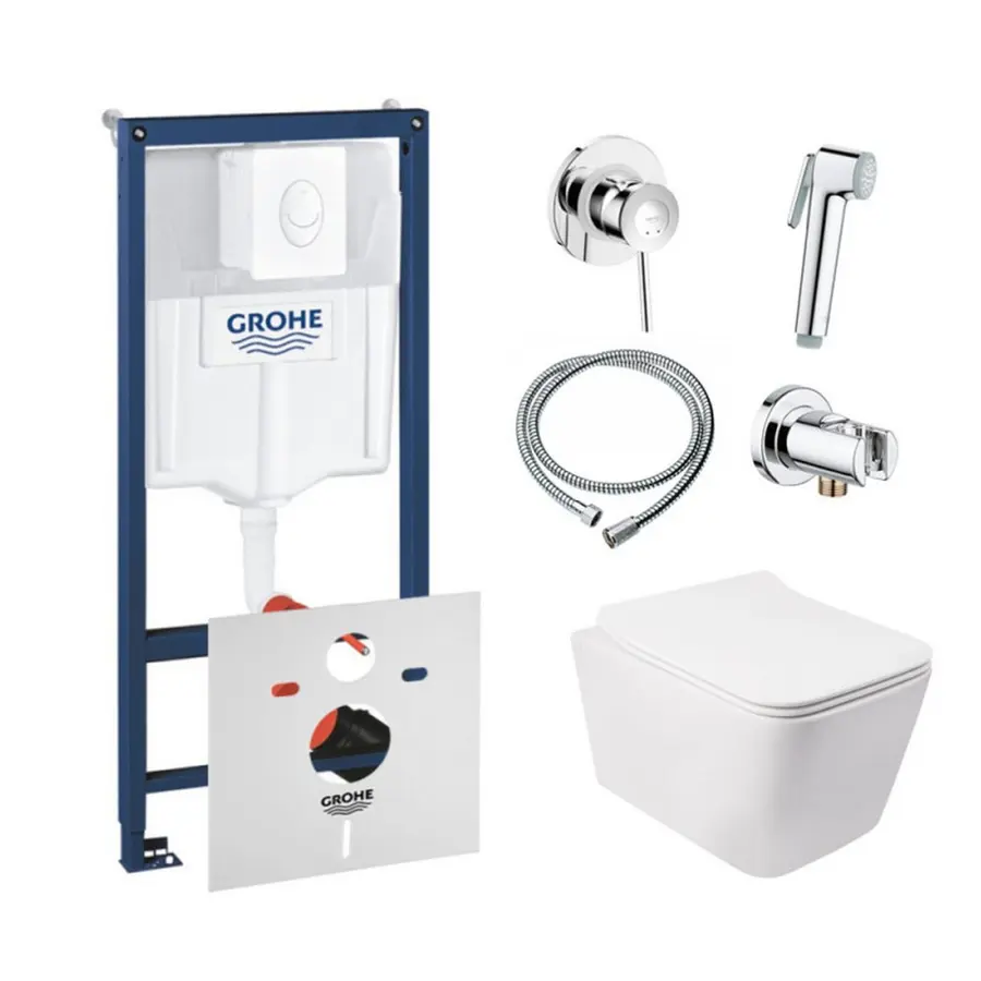 Комплект інсталяція Grohe Rapid SL 38722001 + унітаз з сидінням Qtap Crow QT05335170W + набір для гігієнічного душу зі змішувачем Grohe BauClassic 111048