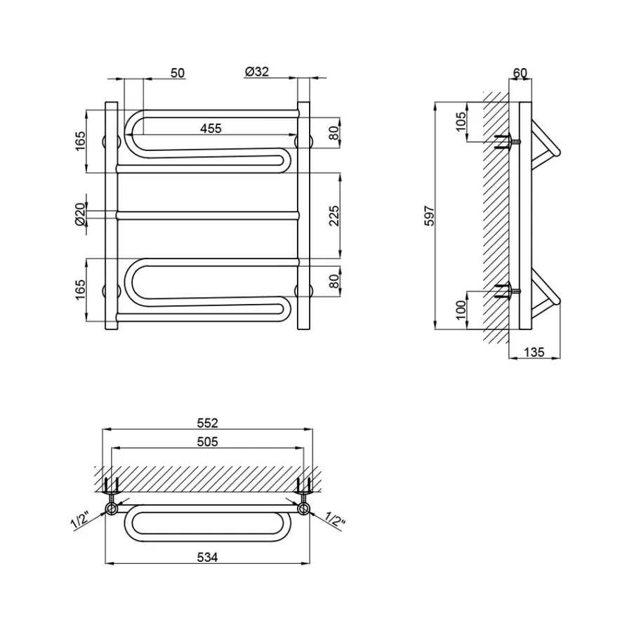 Полотенцесушитель водяной Lidz Zigzag (CRM) D32 / 20х1 / 2 "500x600 P2