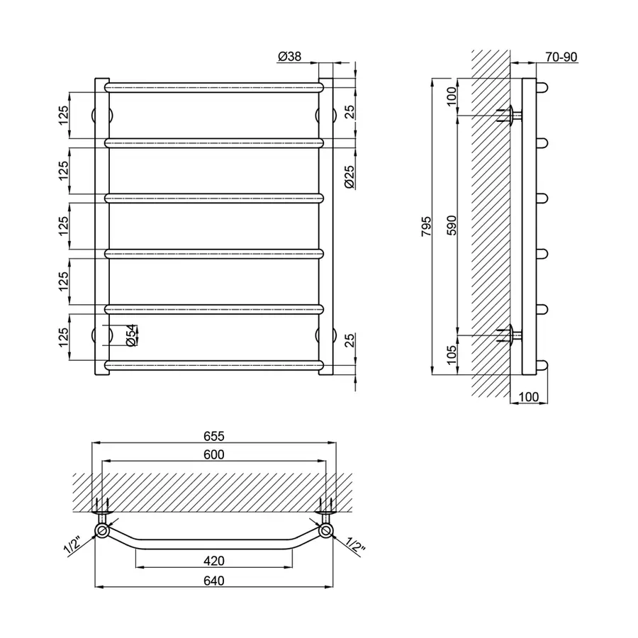 Полотенцесушитель водяной Lidz Trapezium (CRM) D38 / 25 600x800 P6
