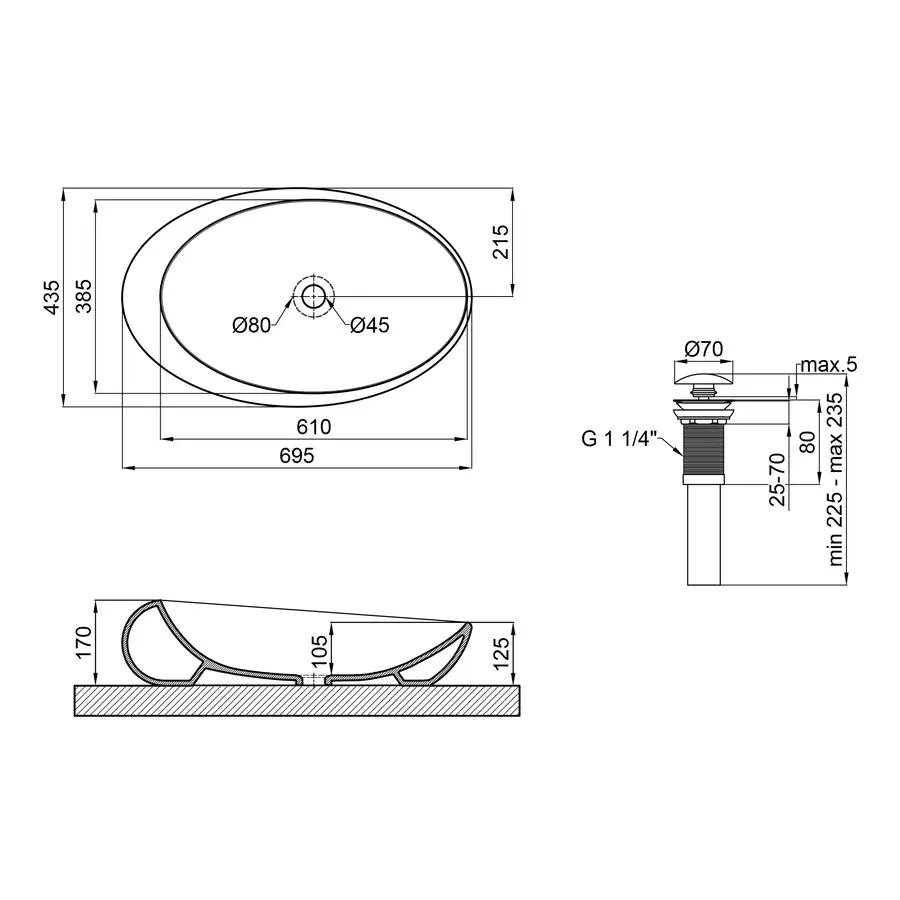 Раковина-чаша Qtap Leo 690x435x180 White з донним клапаном QT11111094W