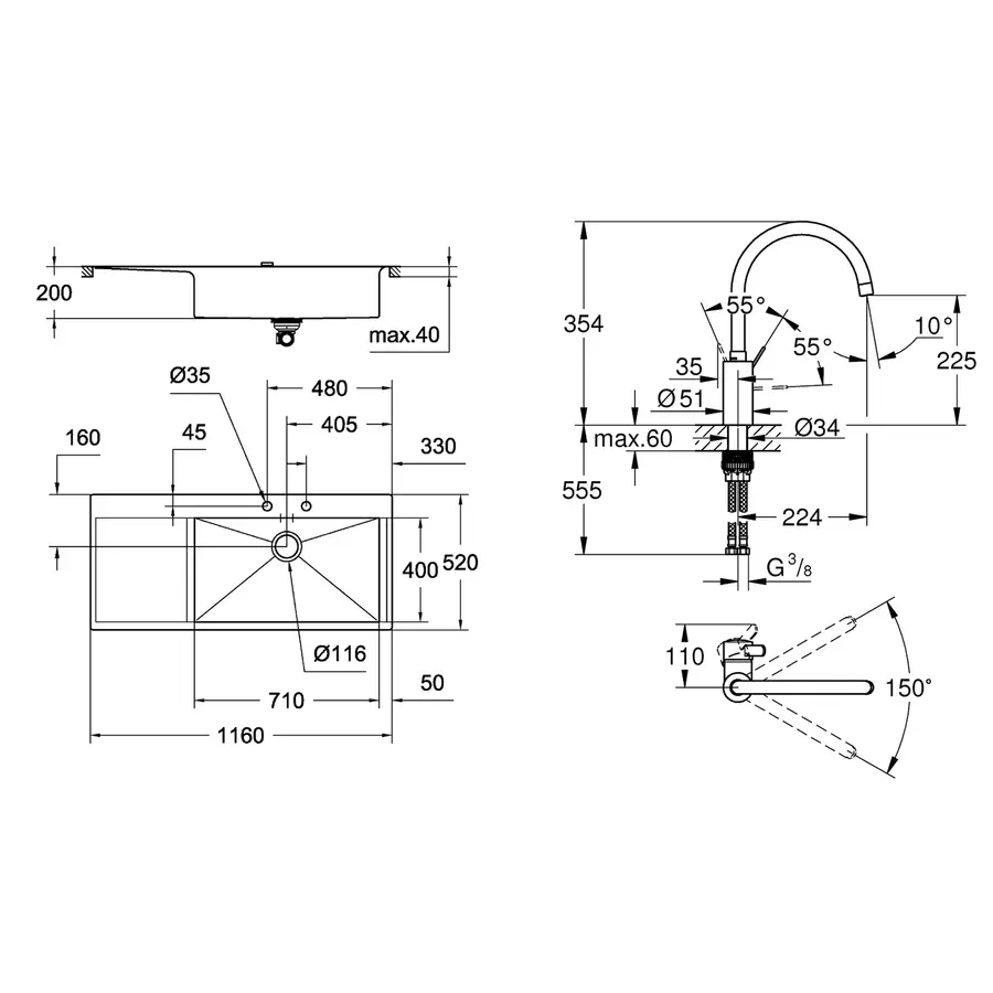 Мойка кухонная Grohe K1000 31582SD0 + смеситель Eurosmart Cosmopolitan 32843002