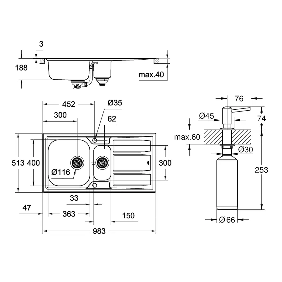 Мойка кухонная Grohe K400 31569SD0 + дозатор для моющего средства Contemporary 40536000
