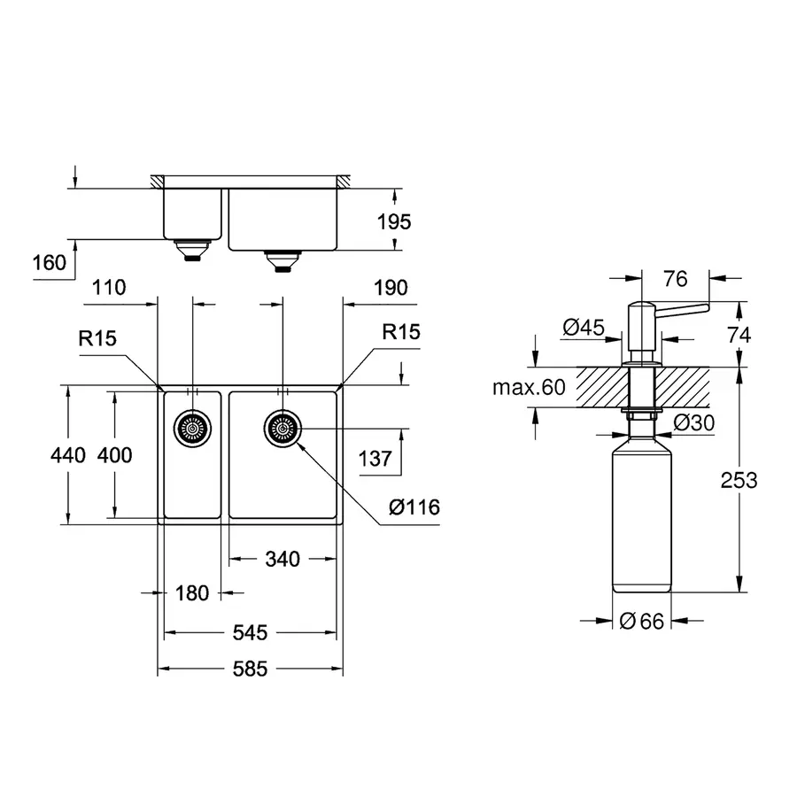Мийка кухонна Grohe K700U 31576SD0 + дозатор для миючого засобу Contemporary 40536000