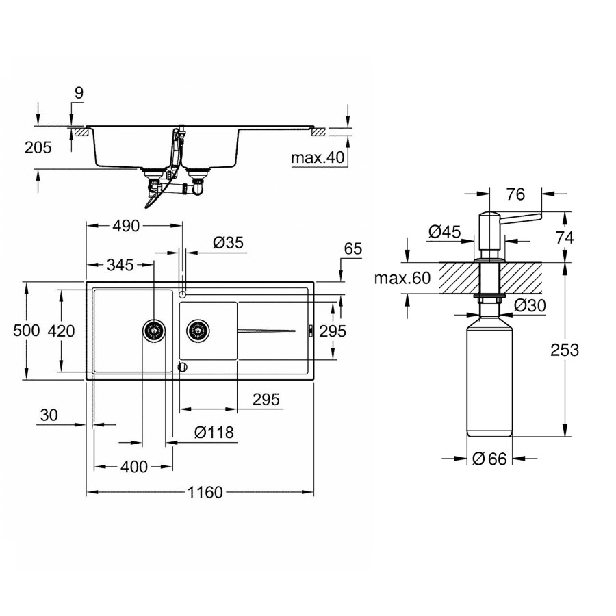 Кухонна гранітна мийка Grohe K400 31643AP0 + дозатор для миючого засобу Contemporary 40536000