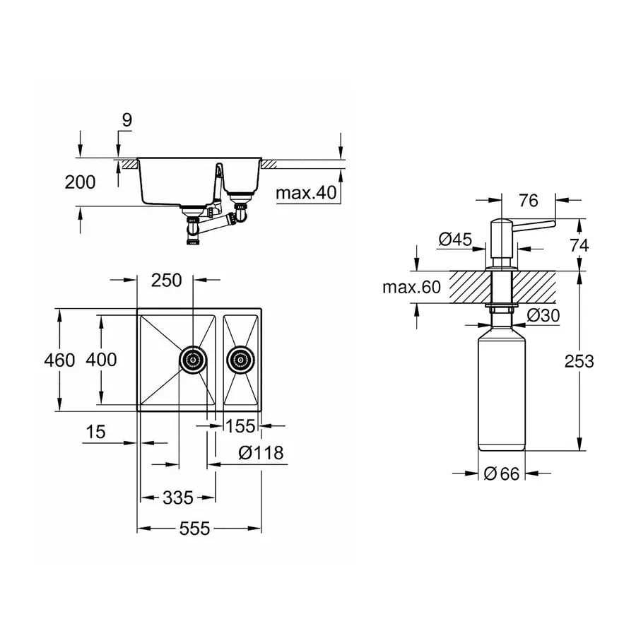 Кухонна гранітна мийка з двома чашами Grohe K500 31648AT0 + дозатор для миючого засобу Contemporary 40536000