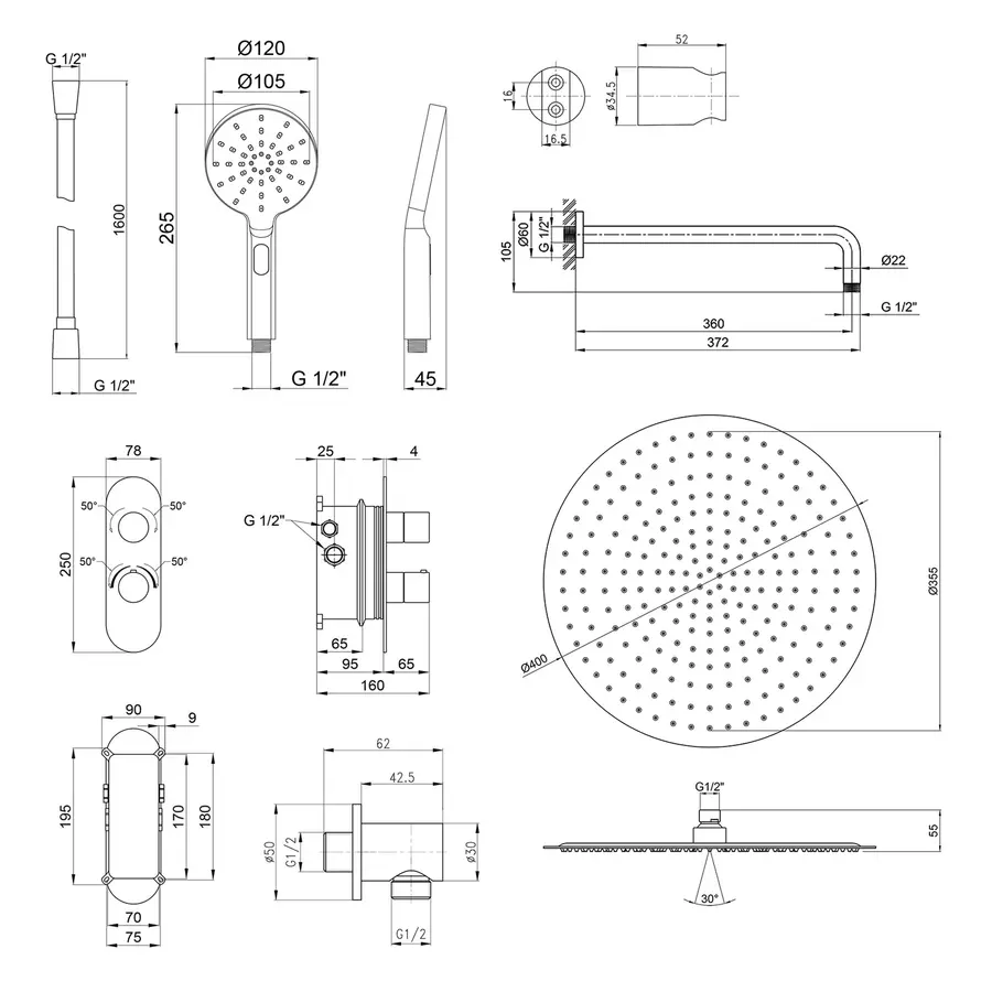 Термостатична душова система прихованого монтажу Qtap Votice QT65T105OGCSET