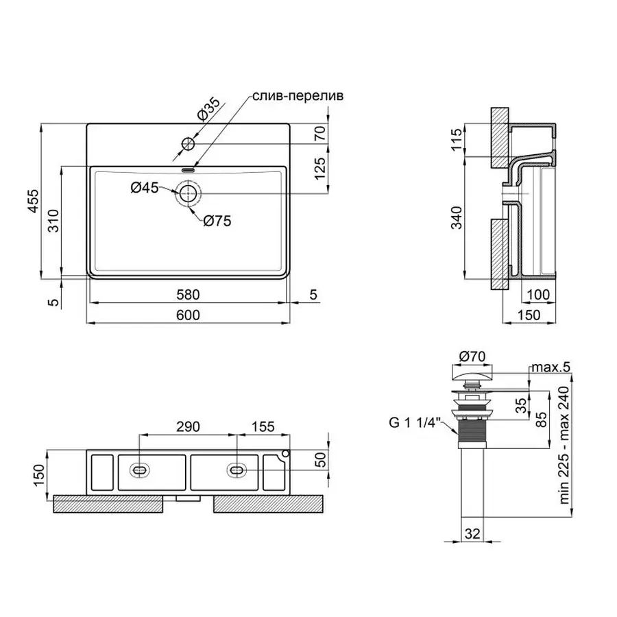 Раковина Qtap Crow 600х450х150 White з донним клапаном QT0511WL032W