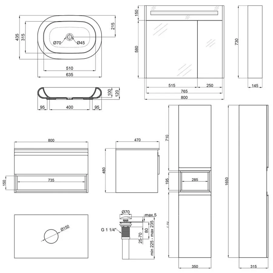 Комплект меблів для ванної Qtap Robin тумба + раковина + дзеркальна шафа + пенал QT044RO42980