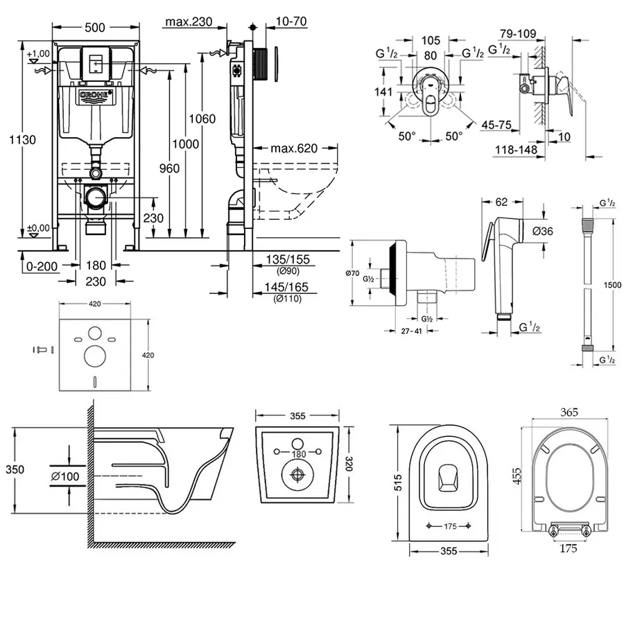 Комплект інсталяція Grohe Rapid SL 38827000 + унітаз з сидінням Qtap Swan QT16335178W + набір для гігієнічного душу зі змішувачем Grohe BauLoop 111042