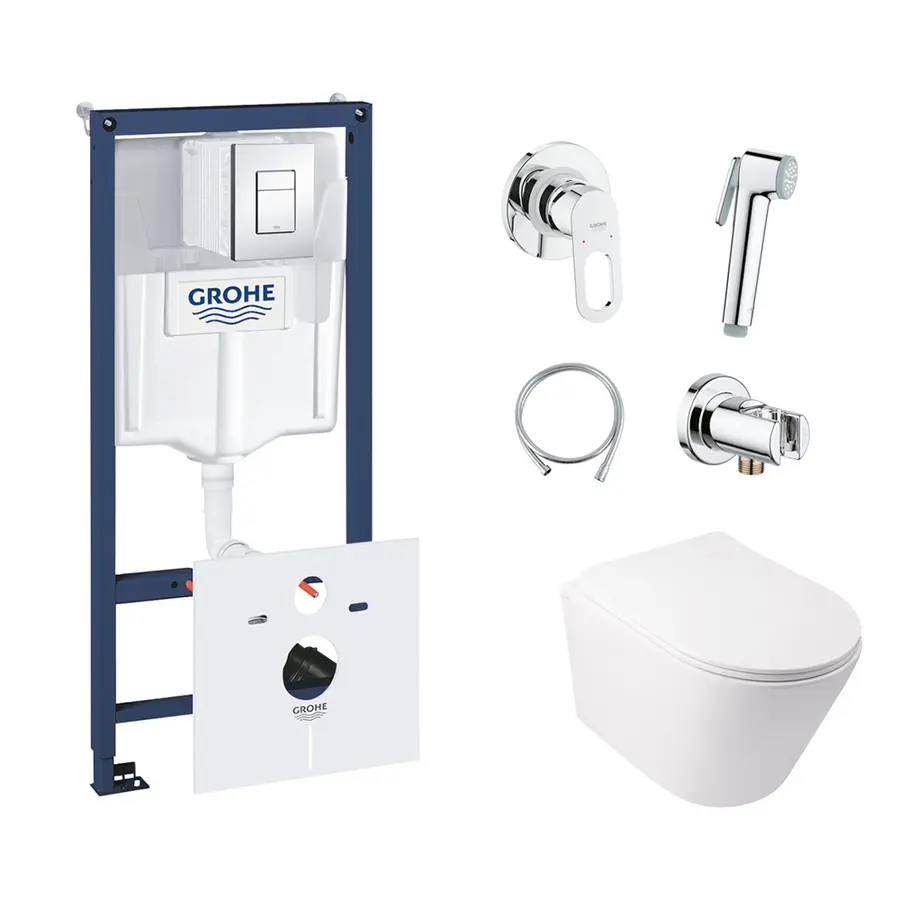 Комплект інсталяція Grohe Rapid SL 38827000 + унітаз з сидінням Qtap Swan QT16335178W + набір для гігієнічного душу зі змішувачем Grohe BauLoop 111042