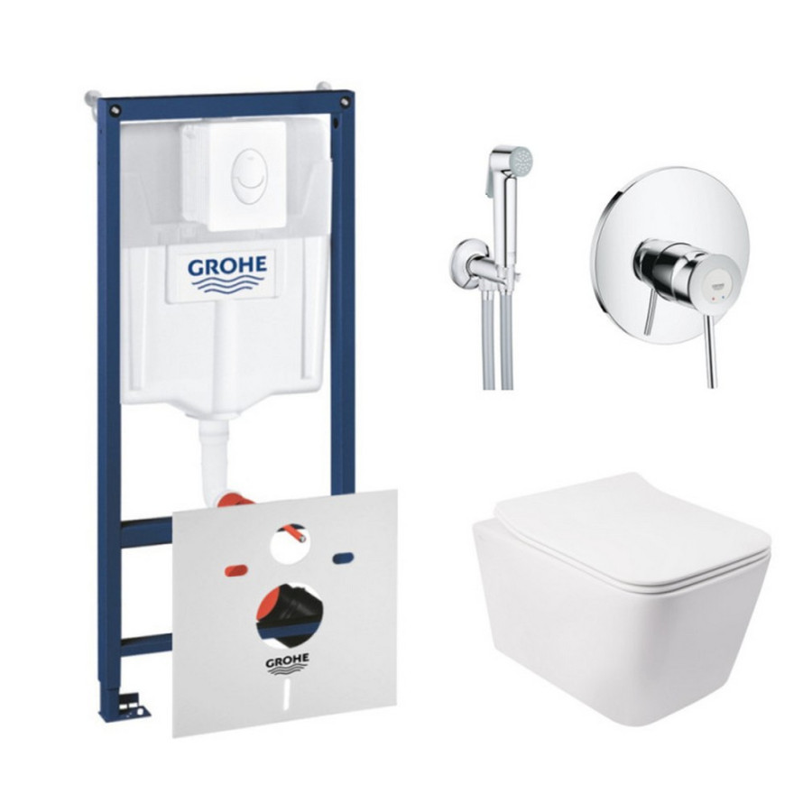 Комплект інсталяція Grohe Rapid SL 38722001 + унітаз з сидінням Qtap Crow QT05335170W + набір для гігієнічного душу зі змішувачем Grohe BauClassic 2904800S