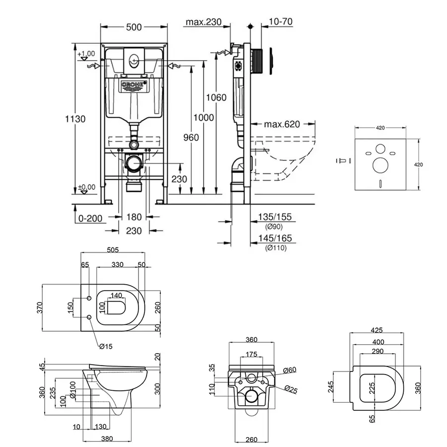 Набір інсталяція 4 в 1 Grohe Rapid SL 38722001 + унітаз з сидінням Qtap Lark QT0331159W