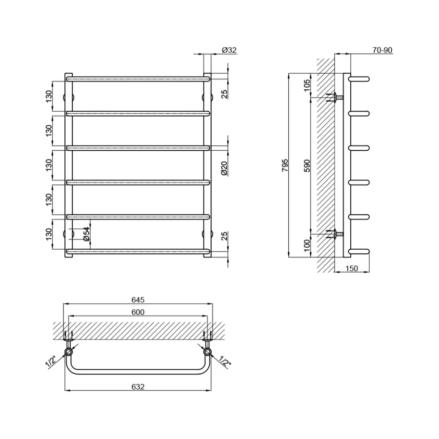 Полотенцесушитель водяной Lidz Standard (CRM) D32 / 20х1 / 2 "600x800 P6
