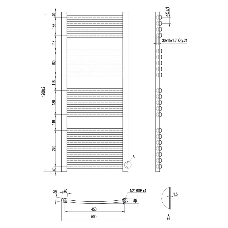 Сушилка Полотенцесушитель водяной Qtap Dias (BLA) P21 1200x500 HY
