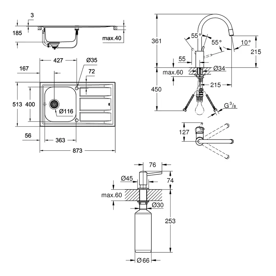 Мойка кухонная Grohe K400 31570SD0 + смеситель Concetto 32663001 + дозатор для моющего средства Contemporary 40536000