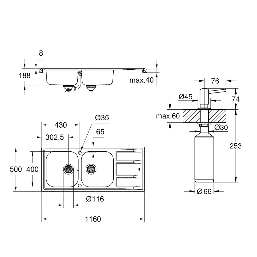 Мийка кухонна Grohe K400 31587SD0 + дозатор для миючого засобу Contemporary 40536000